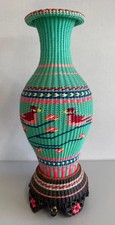 Vintage 1960s Asian Scoubidou Woven Plastic Glass Vase Birds 11” MCM picture