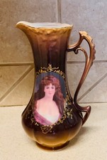 Vintage Jungfrau Porzellan Portrait Vase Pitcher Victorian Lady w/Gold Accent picture