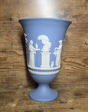 Wedgwood Blue Jasperware Arcadian large Vase with white embossing 7.5 tall picture