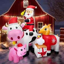 6FT Christmas Inflatables Santa Farm Scene with Blow Up Cow, Pig,  picture