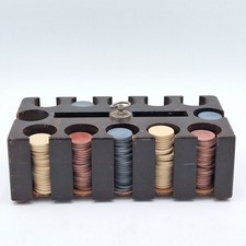 Vintage Poker Chips Approx 250 Clay Bakelite Style w Wood Caddy Holder Case picture