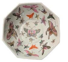 Antique Octagon Asian Porcelain Butterfly Cobalt Blue Bowl Hand Painted 9”x 3.5” picture