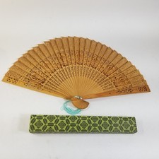 Vintage Japenese Wooden Folding Hand Fan Roses Carved With Original Box Flowers picture