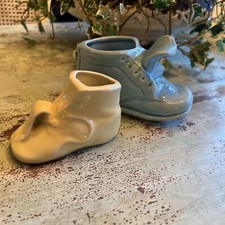 Set 2 Vintage Ceramic Baby Shoe Art Pottery Planter Vase Bootie picture