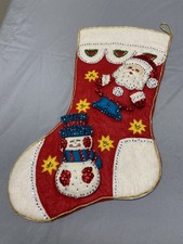 Bucilla Vintage Felt Hand Made Sequin Beaded Santa & Snowman Christmas Stocking picture