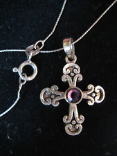 Dainty Sterling Silver Filigree Cross Pendant Necklace Amethyst Rhinestone 8d 22 picture