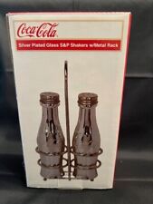 COCA-COLA Silver Plated Glass Salt & Pepper Shakers w/ Metal Rack NEW picture