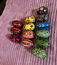 Vintage Hand-Painted Wooden Easter Eggs Lot of 13, Slavic Folk Art, Petrykivka picture
