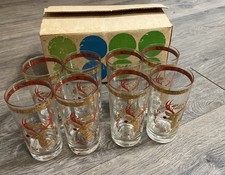 RARE 22k Gold MCM Retro Jeweled Set  8 Glasses Culver w/ Box Rudolph Reindeer picture