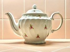 Sadler Windsor Made in England Teapot Pink Rose Swirl Floral Gold Trim Vintage picture