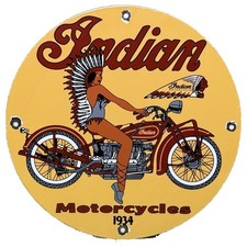 VINTAGE INDIAN MOTORCYCLE PORCELAIN SIGN RIDER ON BIKE SCRIPT LOGO DEALER GARAGE picture
