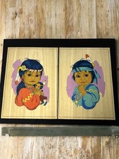 VTG Native American Paintings Children Handmade Velvet MCM Set of 2 1970s picture