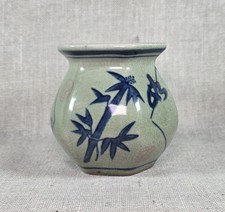 Vintage Chinese Style Celadon Crackle Glaze Bamboo Ceramic Cachepot Planter 3.5