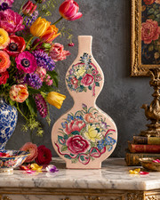 Famille Rose Style Porcelain Double Gourd Vase, 14 Inch Pink Floral Chinoiserie  picture
