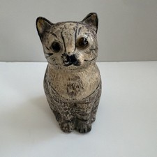 Vintage Cast Iron Bank Small Kitty Cat Figure Hand Painted Glass Eyes Nice picture