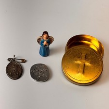 Vintage Religious Pocket Charms Gold Cross Tin Angel St Cecilia Medal Token Set picture