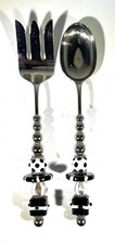 Mud Pie Serving Set Salad Utensils Metal Spoon Fork Art Glass Bead Handle • 12” picture