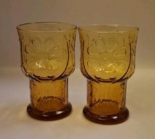 Libbey Country Garden Daisy Golden Amber Glass 5” Tumblers MCM Retro Vtg Set 2 picture