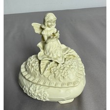 Vintage 1990 Albert E Price Heart Fairy Trinket Box Ceramic Cream Floral Bird picture