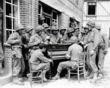 US Soldiers Playing Piano Outside House 8x10 BW Photo Print WWII HT41362105 picture