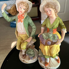 Hand Painted Porcelain Boy & Girl Figurines Pair Multicolor People Theme picture