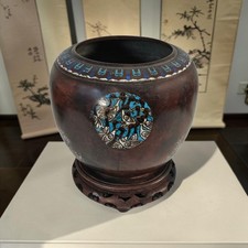VTG Japanese Bronze Champlevé Jardinière Crane Turtle Enamel Cachepot 9.75