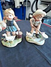 L👀K VTG Royal Crown Child Life Handpainted Boy with Goose Girl with Goose Japan picture