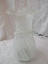Antique Art Glass Hand Blown white Opalescent Swirl Vase applied Ribbon Band picture
