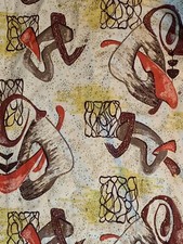 1of2 VTG MCM MID CENTURY EL CARA ABSTRACT GEOMETRIC BARKCLOTH FABRIC DRAPE 82x80 picture