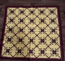 Stunning Hand Quilted Patchwork Quilt 62x62 Star Irish Chain Burgundy Gold Vtg picture