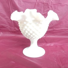 Vintage White Milk Glass Hobnail Ruffled Edge Compote Candy Dish picture
