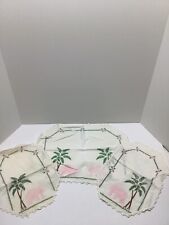 Set of 3 Vintage hand embroidered dresser table scarfs palm trees & animals picture