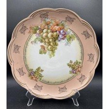 Antique German Porcelain Bowl Grapes Gold Trim Pink Rim Scalloped 12