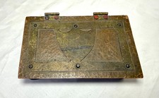 Antique handmade Arts & Crafts hammered thick copper brass footed dresser box picture