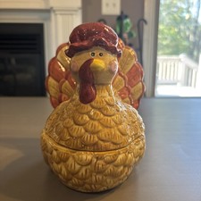 BRAND NEW IN BOX. VTG Harvest Time Ceramic Thanksgiving Turkey Covered Dish picture