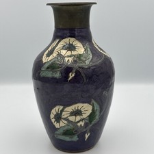 art deco brass vase Enamel Purple/ Cobalt Floral  picture