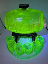 Uranium Cambridge Glass Barrel Decanter Complete Set Antique Vaseline Glass picture