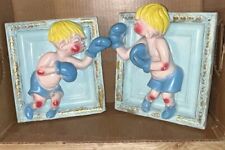 2 Chalkware Vintage Wall Plaques Boys Boxing. Twins. Blondes. Wall Art. Toddlers picture