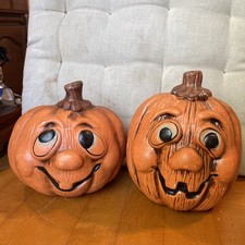 2 Vtg 1989 Holland Floral Inc. Ceramic Painted Pumpkin Jack-O-Latern Planter picture