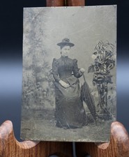 Antique 1890s Tintype Photo Woman Sitting with Umbrella Parasol Victorian Dress picture