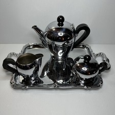 Vtg Alfra Italy Coffee Pot Cream, Sugar And Tray Steel And Bakelite Art Deco picture