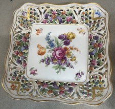 Square Schumann Bavaria Dresden Hand Painted Floral Gilt Pierced Bowl picture