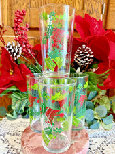 VTG Hazel Atlas Hazelware Christmas Drinking Glasses/Tumbler Bells & Holly Set 4 picture