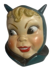 Vtg Blue Norcrest Japan Ceramic Pixie Devil Wall Pocket Anthropomorphic picture