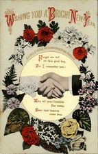 New Year's Handshake with Floral Wreath c1900s-10s Vintage Postcard picture