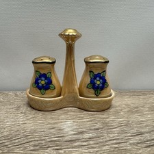 Antique Chikaramachi Japan Gold Lusterware Salt Pepper Shakers Caddy Set Floral picture