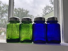 Cobalt Blue or Emerald Green Salt & Pepper vintage Retro Shakers set Jars picture