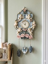 Vintage 3D Cherub Angel & Roses Hanging Chime Wall Clock - TESTED & WORKING picture