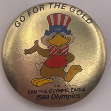 VTG 1984 Los Angeles Olympics Sam the Eagle Pinback Button Go For The Gold Tone picture