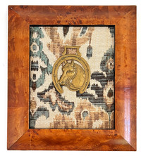 Antique Horse Brass Medallion Burled Wood Frame c 1880s picture